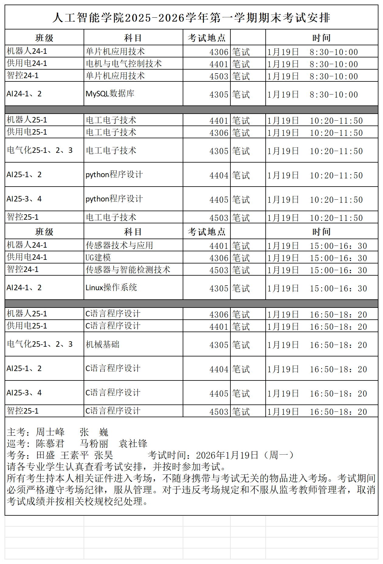 人工智能学院2025-2026第一学期期末考试安排_Sheet1